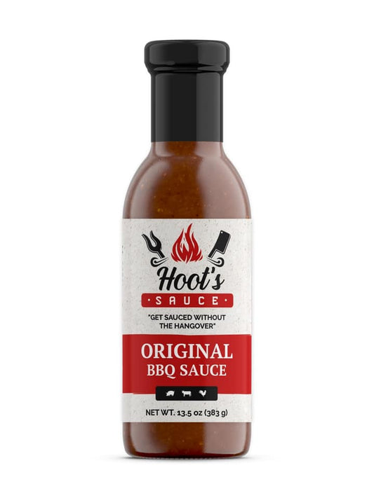 Bottle of Hoot’s Original Sauce – tangy Southern barbecue sauce with a spicy kick, crafted from a 50-year-old family recipe.
