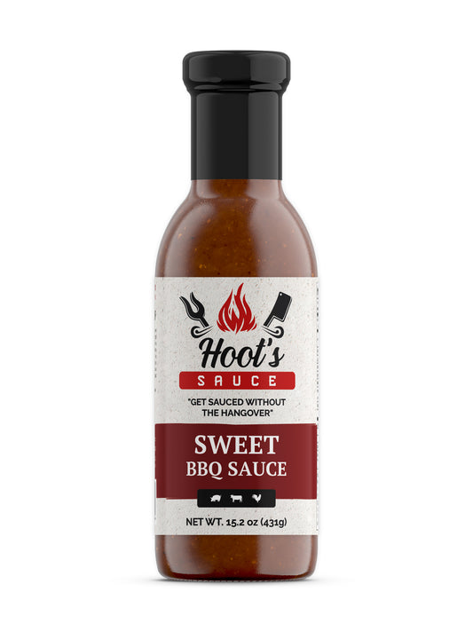 Bottle of Sweet Hoot’s Sauce – bold and rich barbecue sauce with sweet, savory Southern flavor.