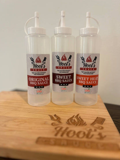 Hoot’s Sauce 12oz Chef Squeeze Bottles – Original, Sweet, & Sweet Heat